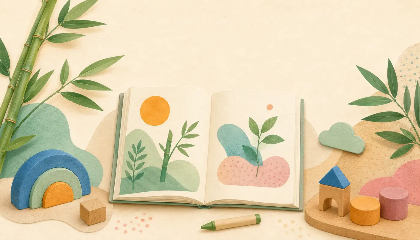 Ilustración editorial de un rincón de lectura infantil con libros, hojas de bambú y formas de colores