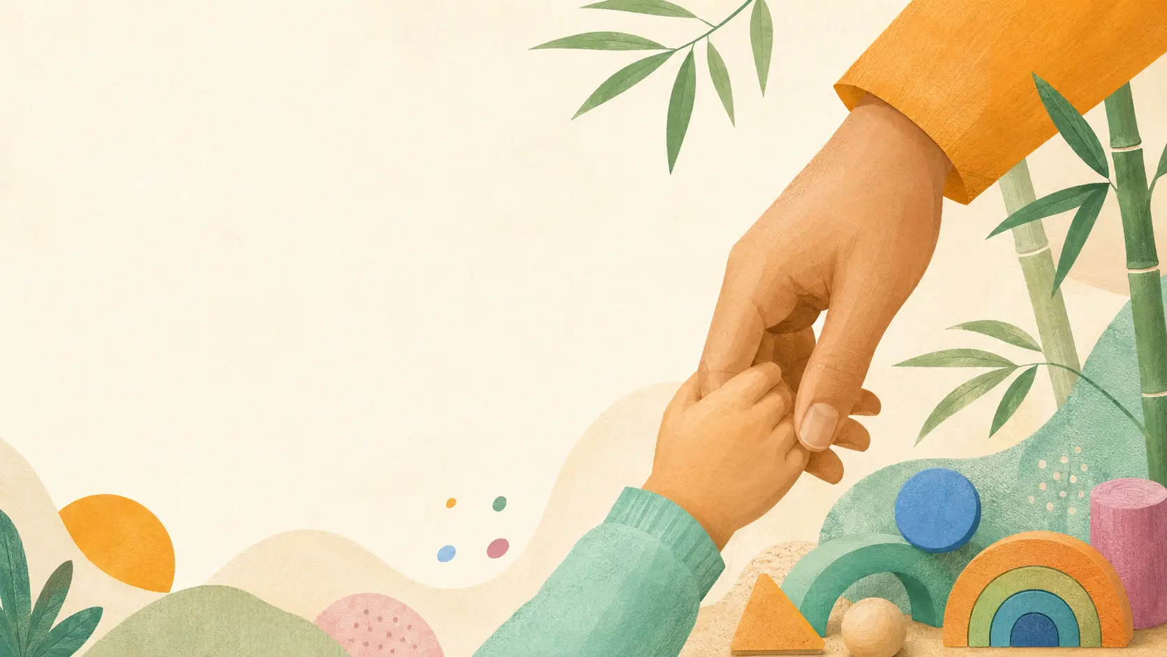 Ilustración conceptual de una mano infantil acompañada por una persona adulta, con bambú y bloques de colores
