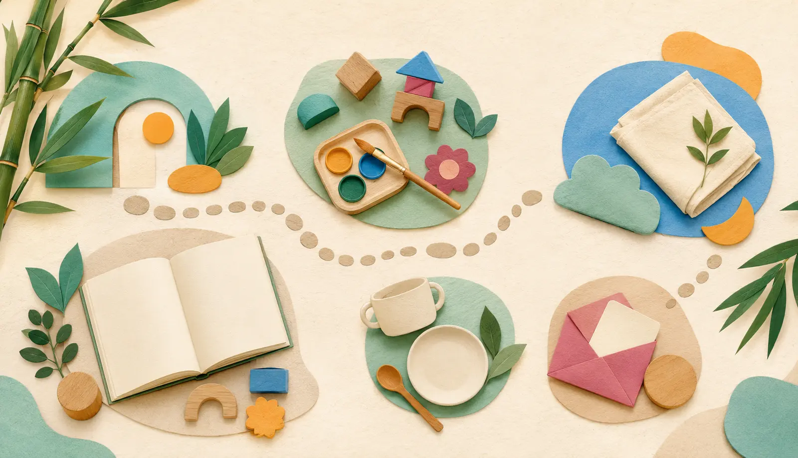 Ilustración conceptual de materiales de juego, arte, lectura y alimentación junto a hojas de bambú
